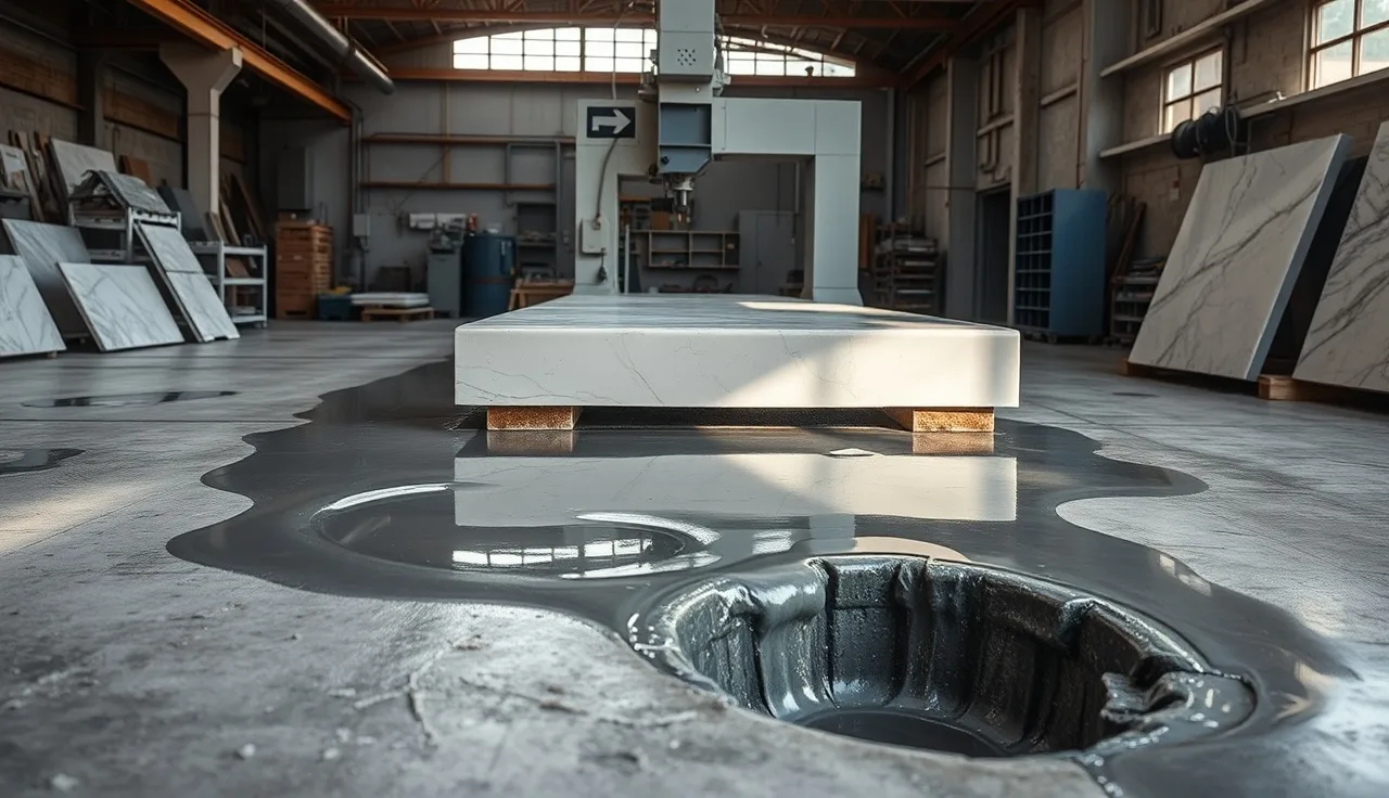 Stone slurry pooling around a bridge saw in a fabrication shop