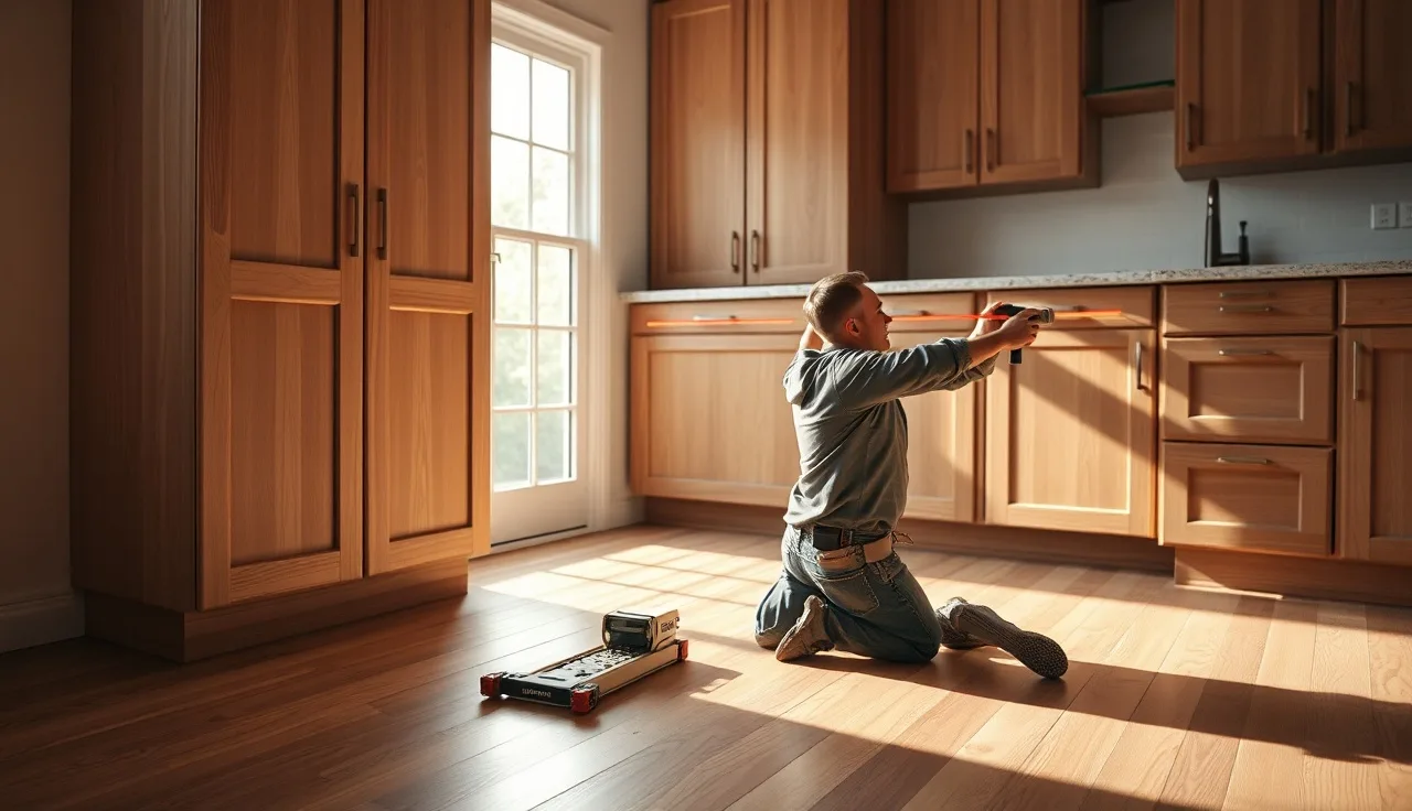 Templater using laser device to measure kitchen countertop space before stone cutting