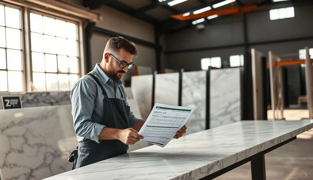 Fabricator reviewing a countertop quote in a stone shop with slabs in background