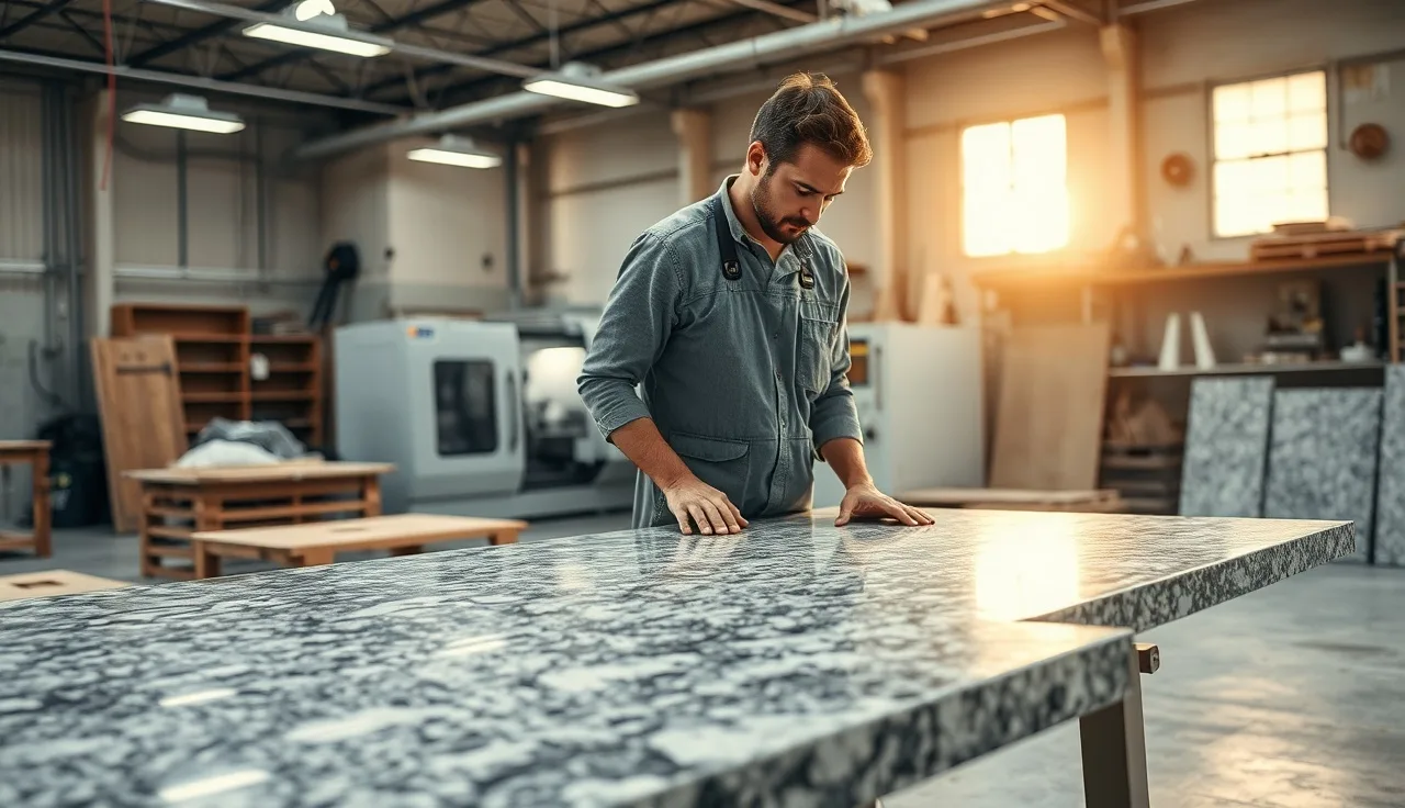 Craftsman reviewing a polished granite slab on a fabrication shop worktable