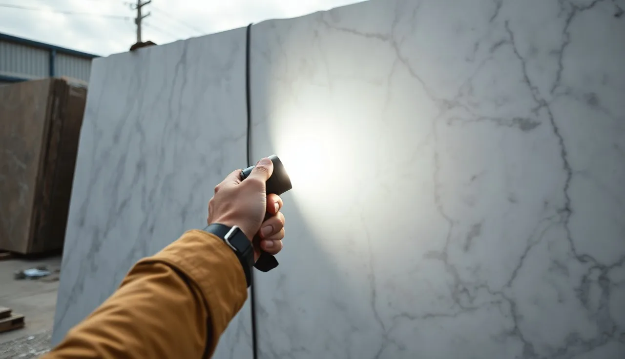 Person using a flashlight to inspect fissures on a marble slab at a stone yard