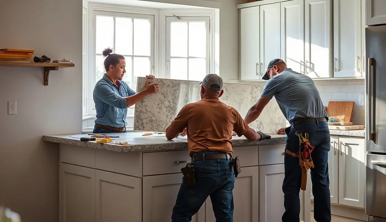 Two workers lowering a stone countertop onto white base cabinets during kitchen installation
