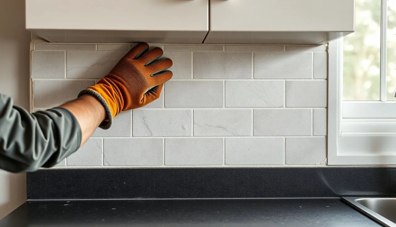 Worker pressing natural stone tile onto thinset during kitchen backsplash installation