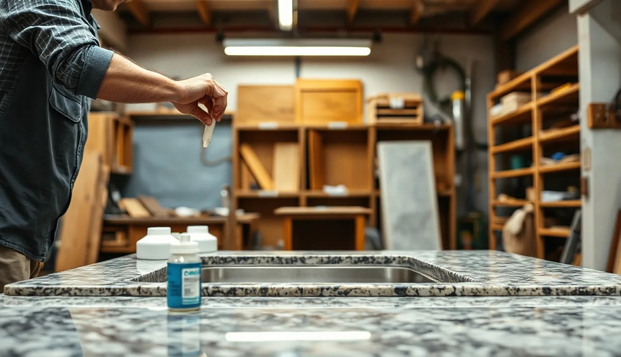 Fabricator installing an undermount sink into a polished granite countertop cutout