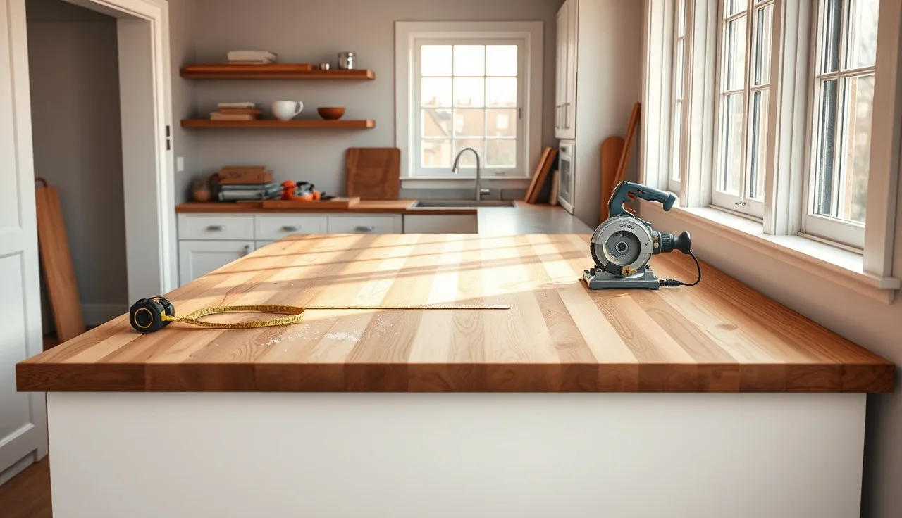 Butcher block countertop being fitted into a white kitchen during installation