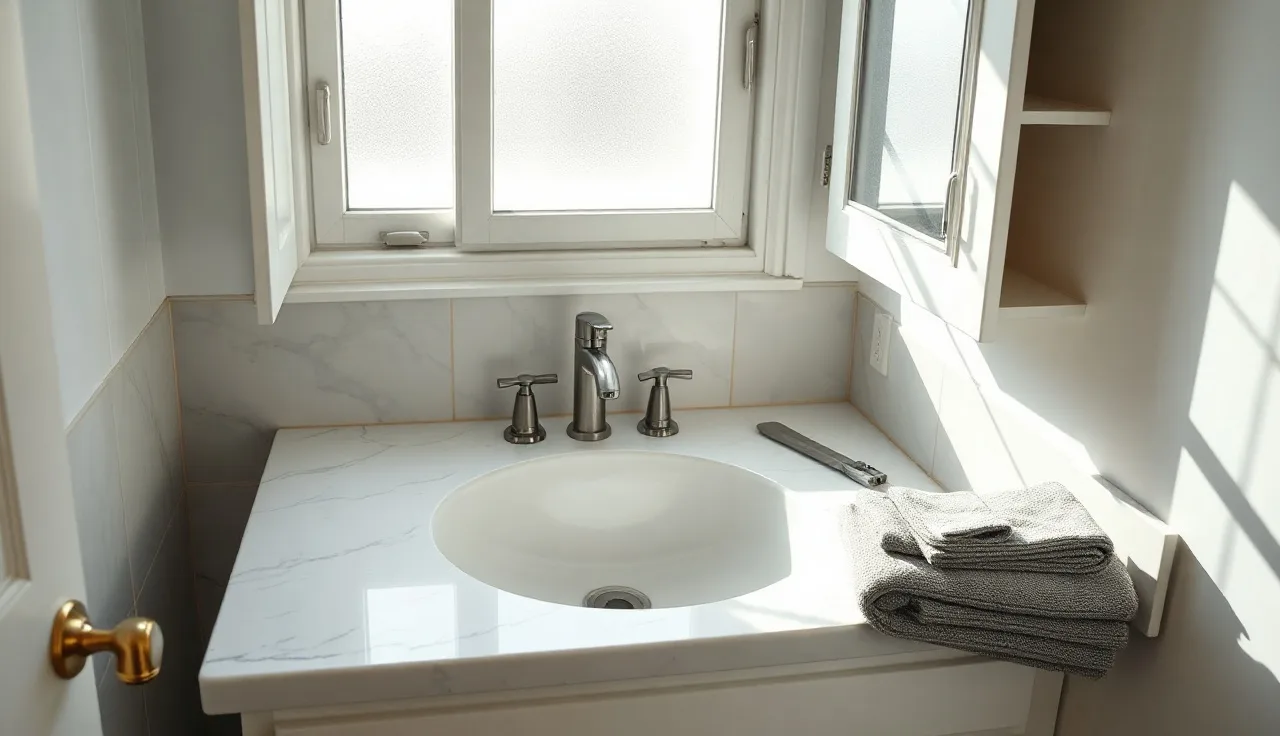 White marble vanity countertop being installed over a bathroom cabinet with sink
