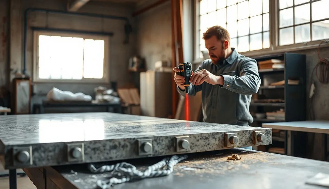 Fabricator measuring granite slab edge with laser distance meter in a stone workshop