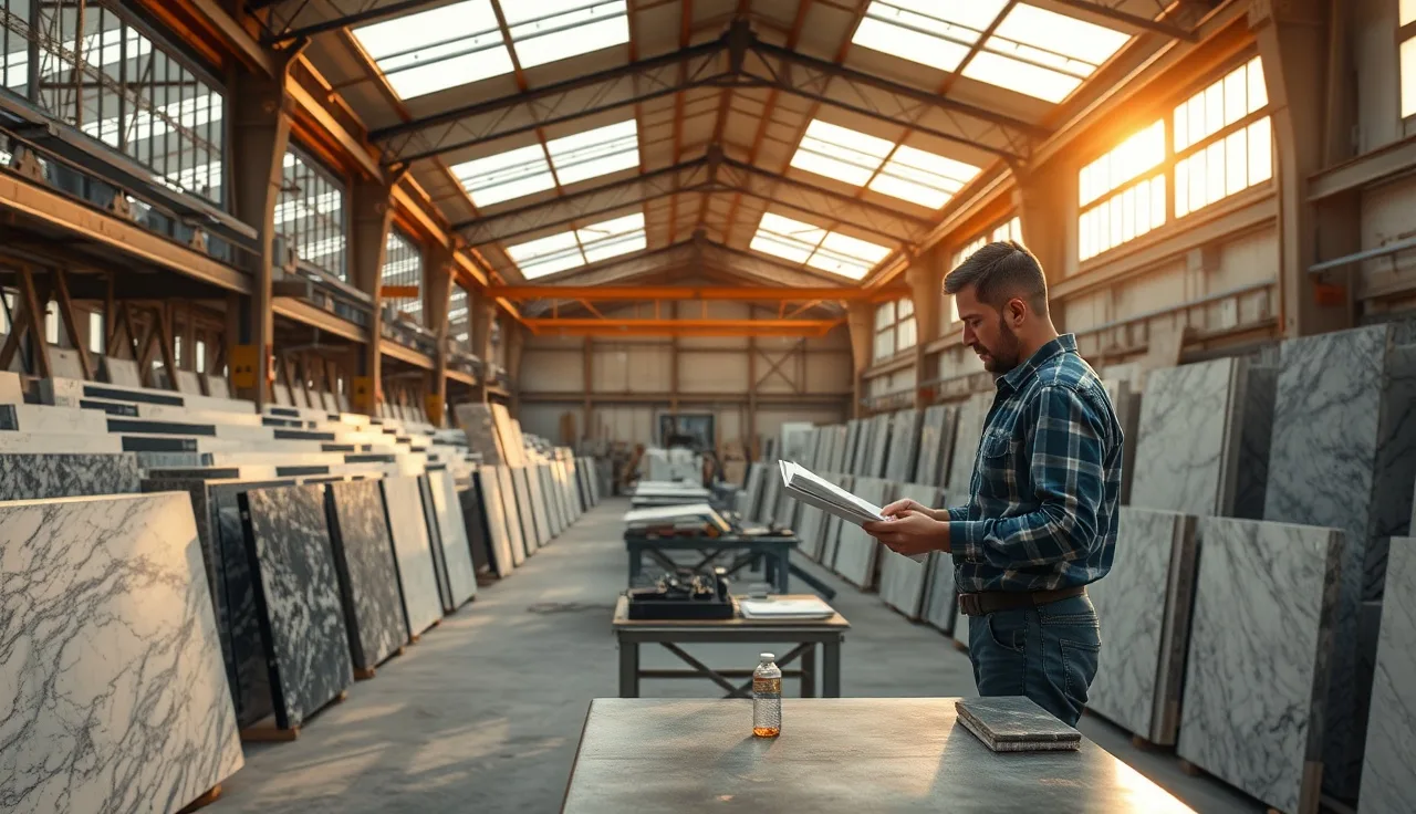 Fabricator reviewing purchasing documents beside stone slabs in a fabrication shop