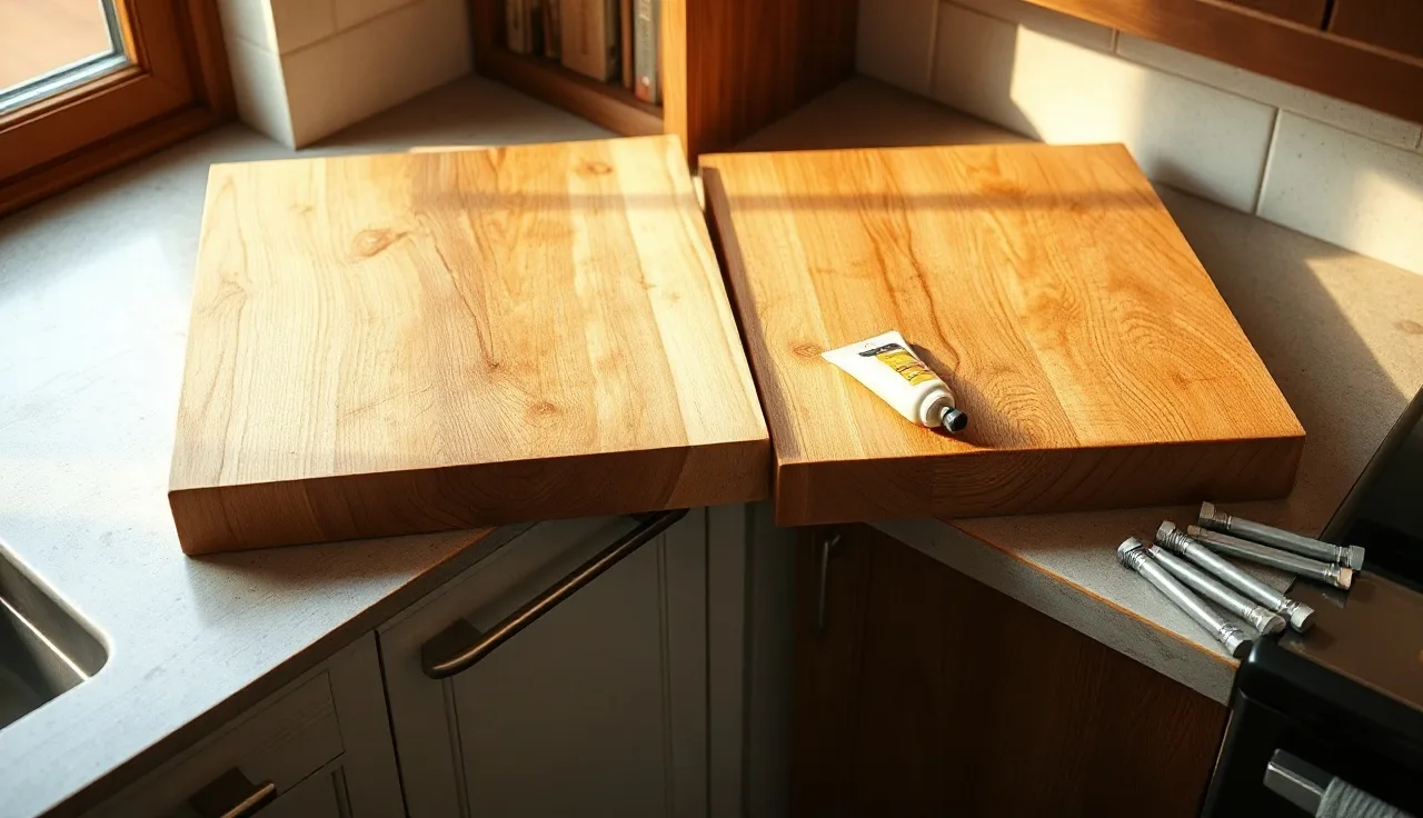 Two maple butcher block slabs joined at a kitchen corner with connector bolts visible below