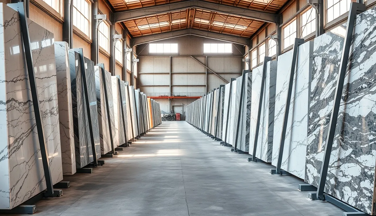 Stone slab inventory on A-frame racks inside a fabrication shop