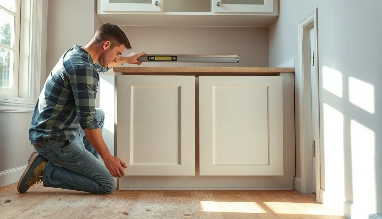 Carpenter checking cabinet top level with a spirit level before countertop installation