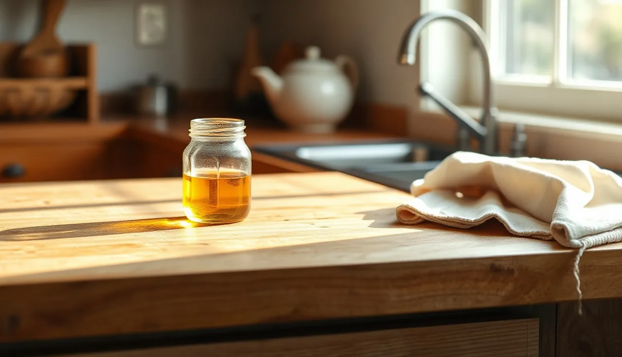 Freshly oiled maple butcher block countertop with mineral oil jar and cloth in a kitchen