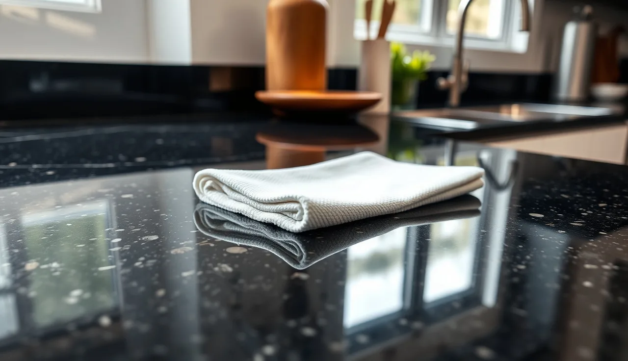 Polished dark granite countertop surface with a white microfiber cloth in morning light