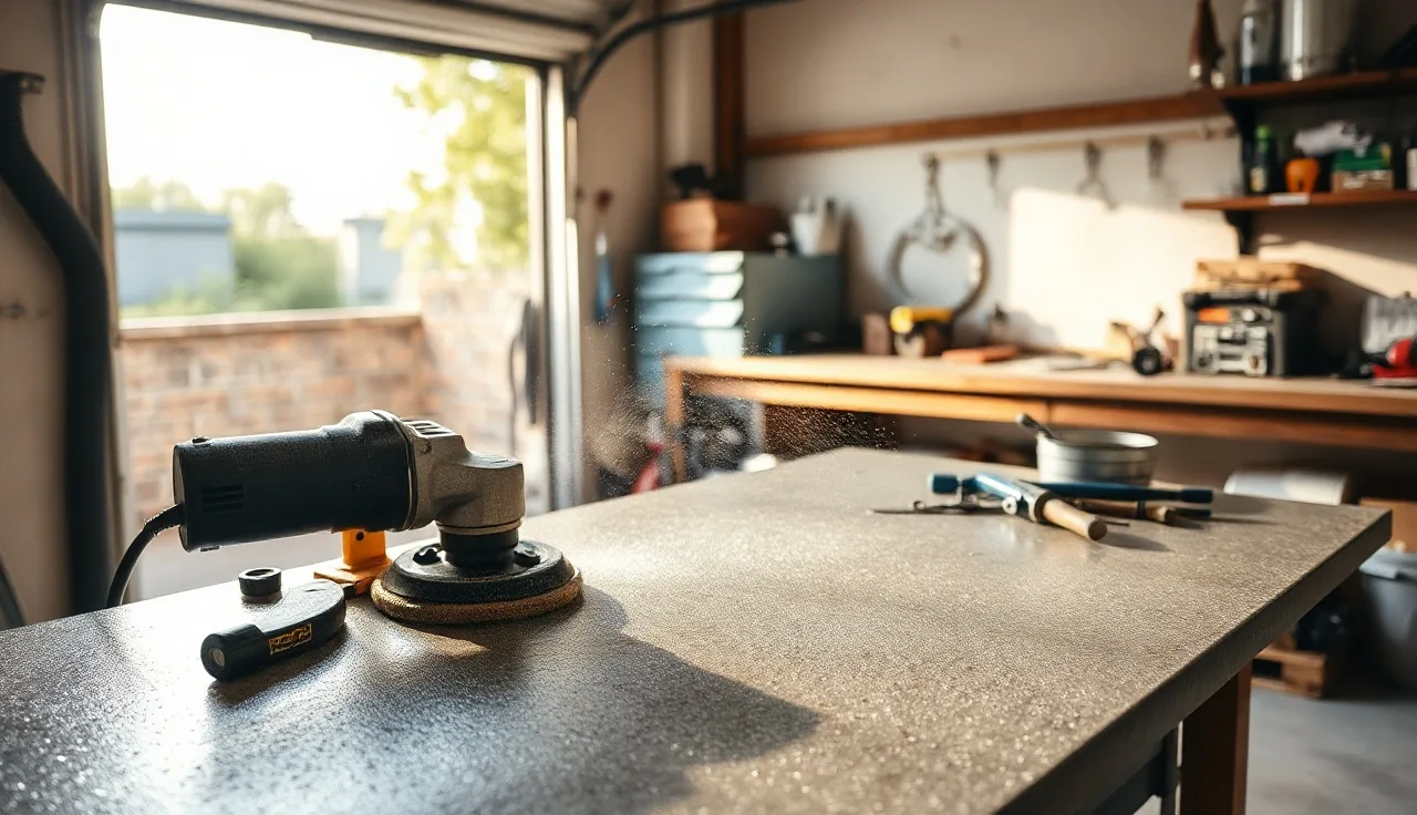 Person wet-polishing a freshly cast concrete countertop slab in a garage workshop