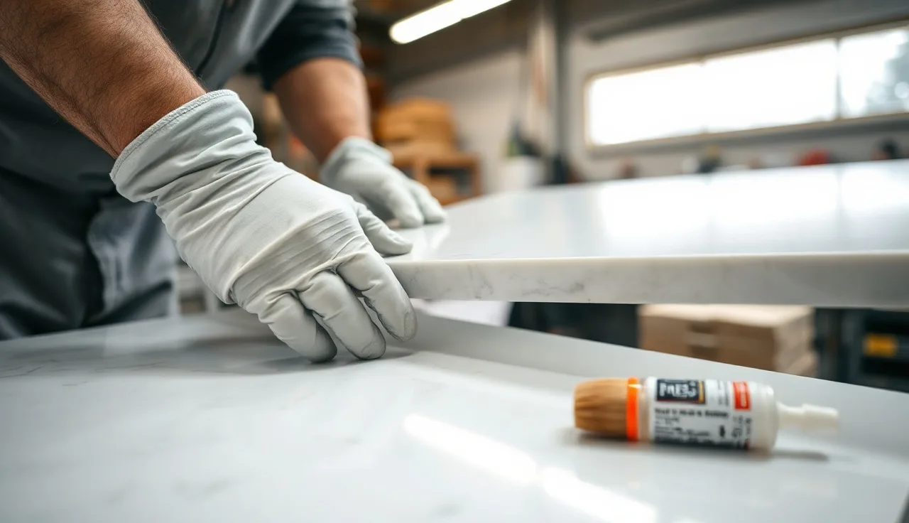 Fabricator pressing two quartz slab edges together at a seam joint in a stone shop