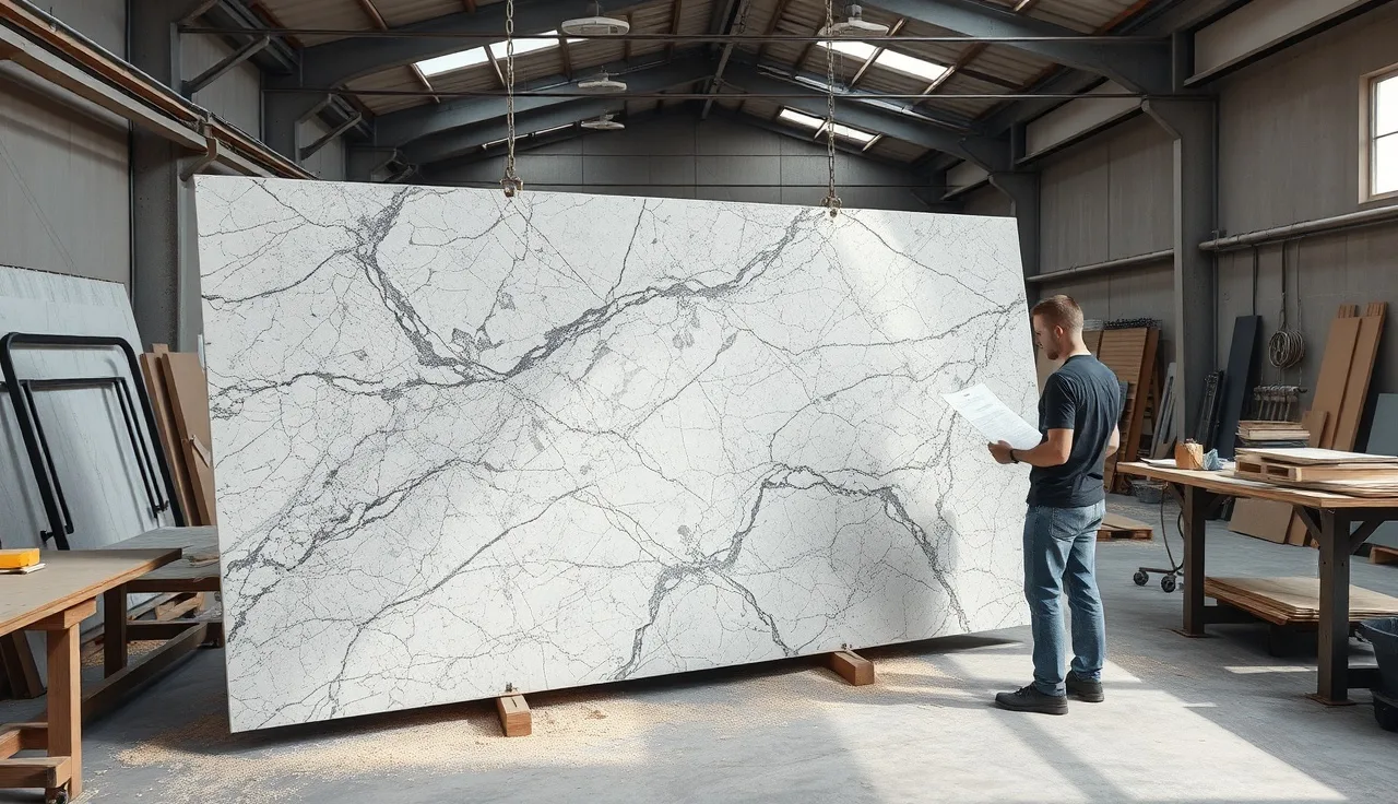 Fabrication shop technician reviewing a cut layout beside a large granite slab