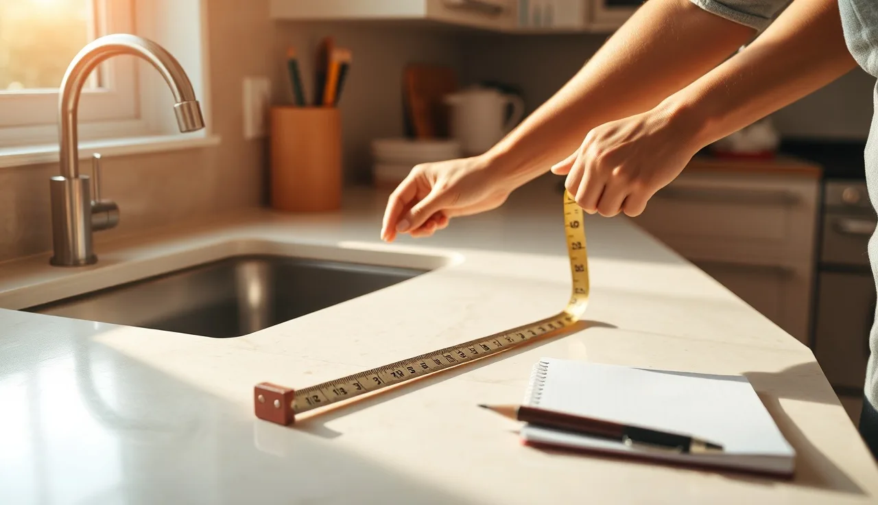 Person measuring kitchen countertop length with a steel tape measure and notepad