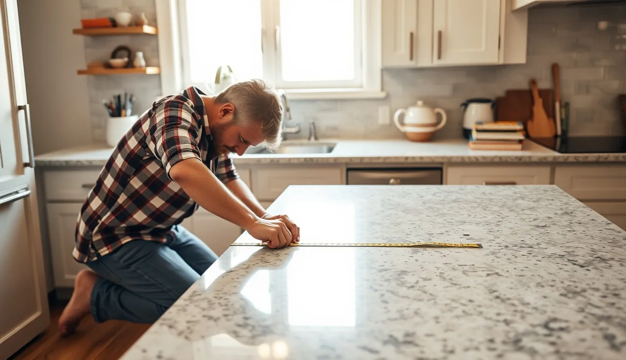 Person measuring a granite kitchen countertop with a steel tape measure