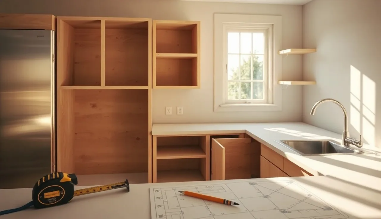 Tape measure stretched across unfinished kitchen cabinets during countertop measurement