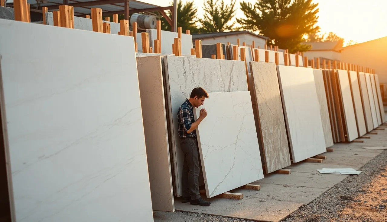 Fabricator examining marble and granite slabs in an outdoor stone yard