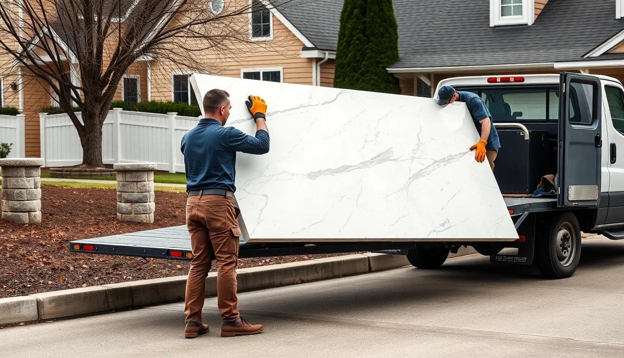 Two installers unloading a heavy stone countertop slab from a delivery truck at a residential job site
