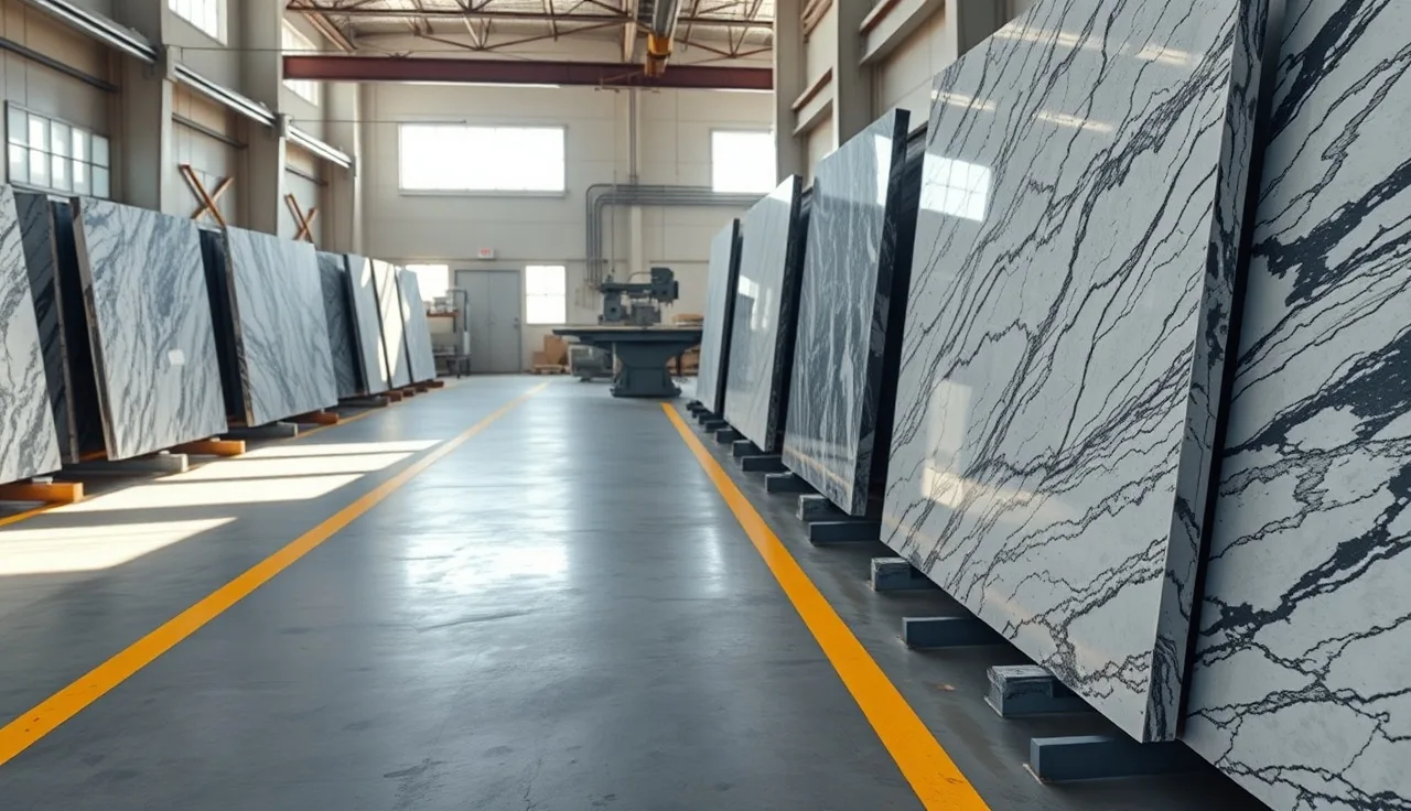 Stone countertop fabrication shop interior with granite slabs on A-frame racks and yellow aisle markings