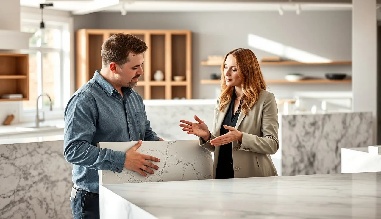 Fabricator and cabinet dealer reviewing stone countertop samples in a showroom