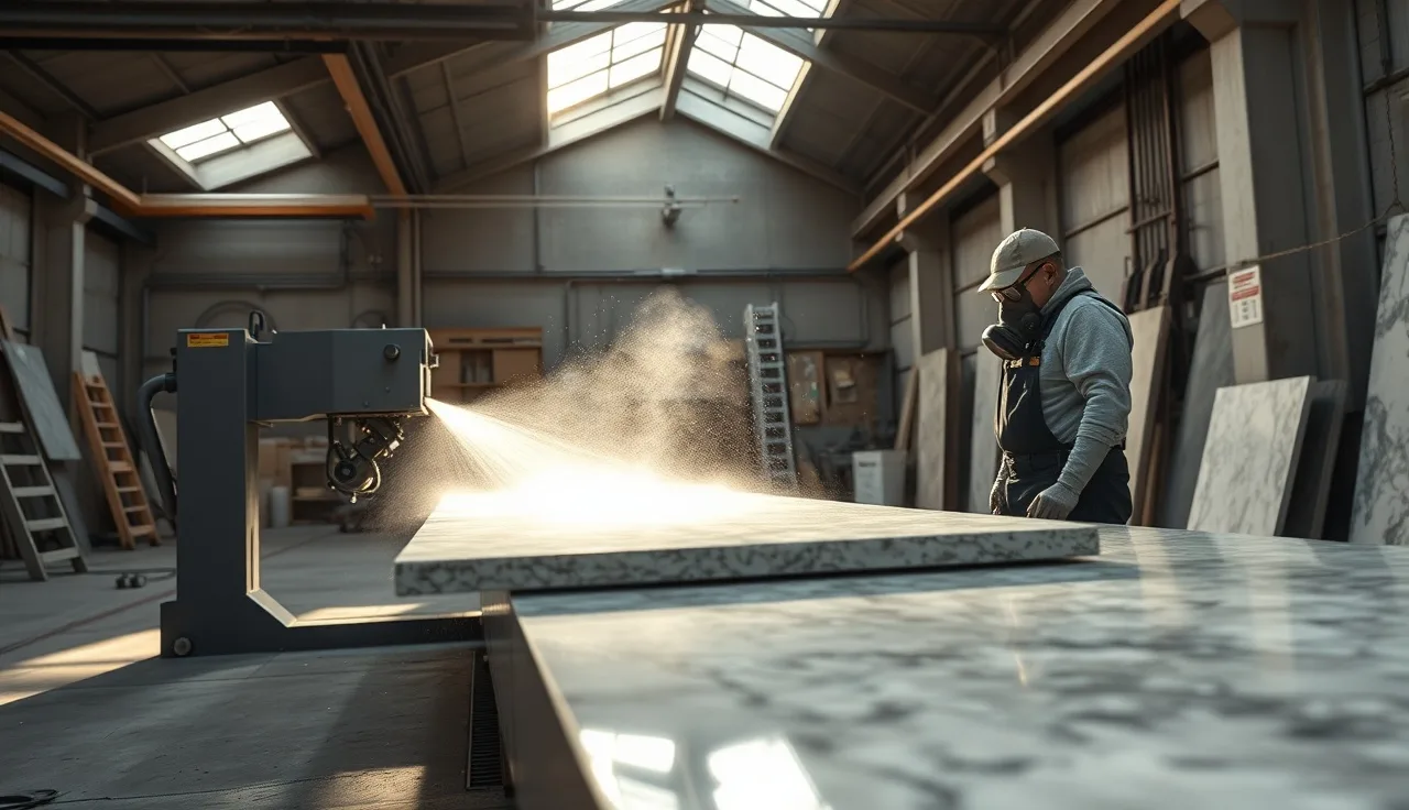 Stone fabricator cutting granite slab with wet saw and respirator in shop