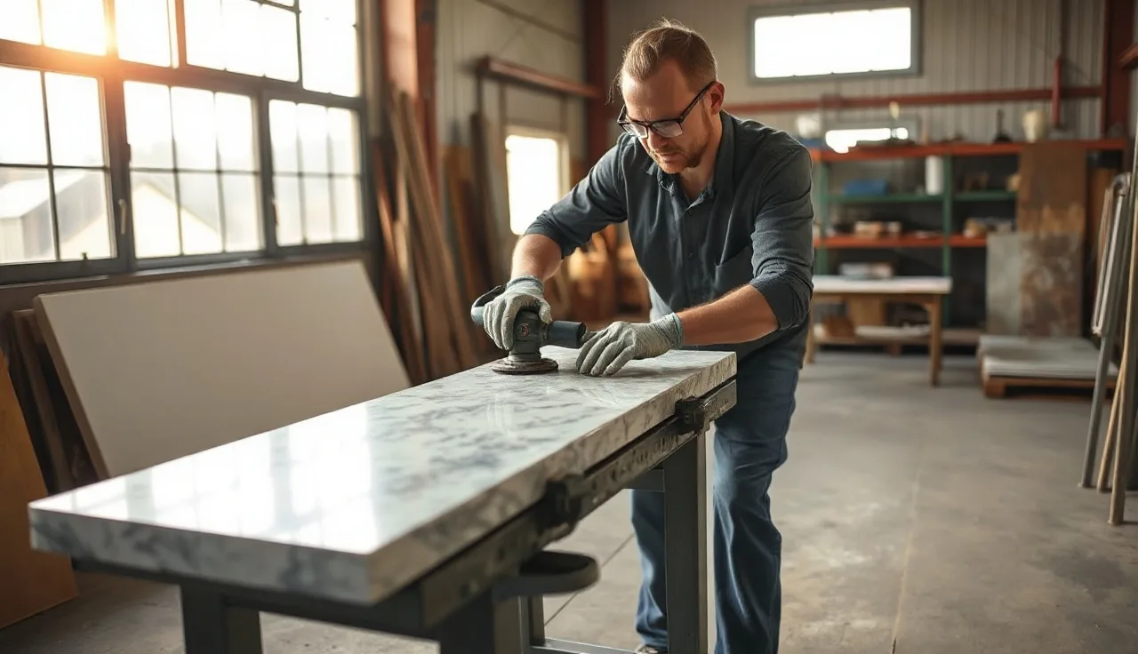 Fabricator grinding a granite slab edge in a countertop fabrication shop