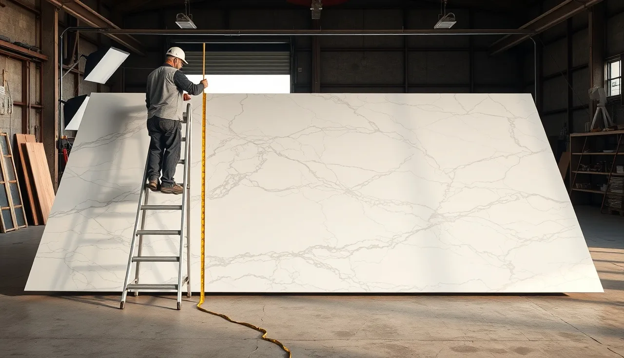 Fabricator shooting overhead photos of a veined marble slab in a stone shop