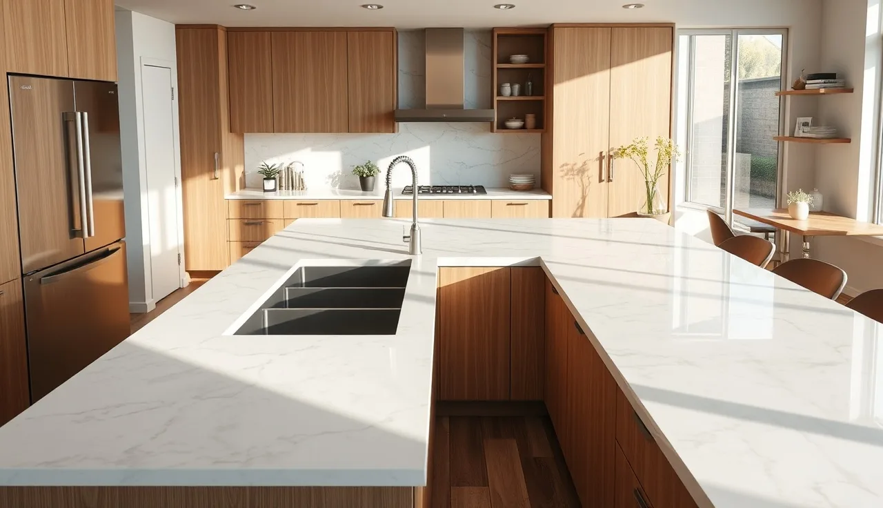 Large marble kitchen island countertop showing a polished seam near the undermount sink