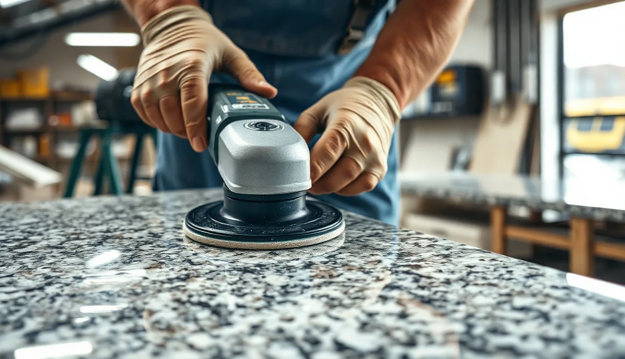 Fabricator wet-polishing a granite slab surface in a stone countertop shop