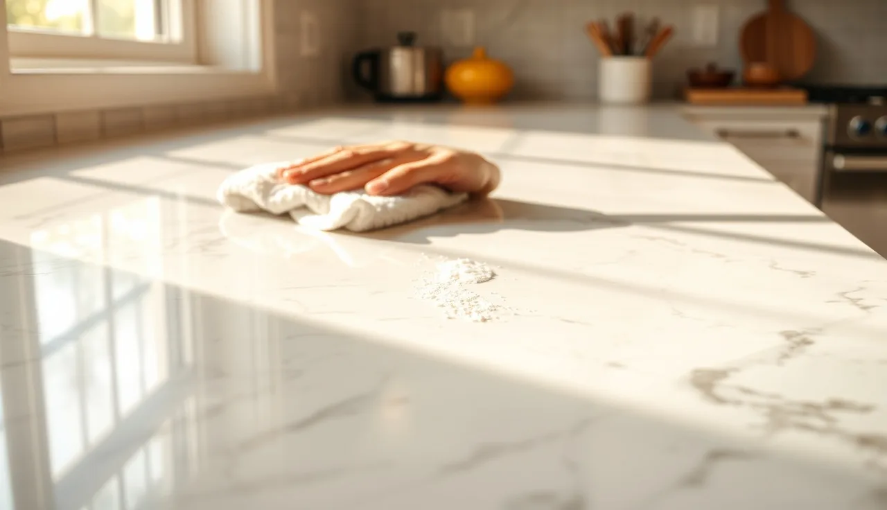 Person polishing a white Carrara marble countertop with a soft cloth