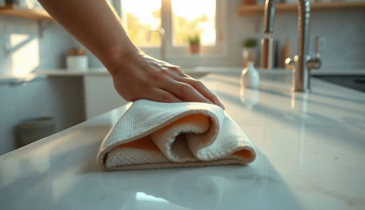 Person polishing a white quartz kitchen countertop with a microfiber cloth