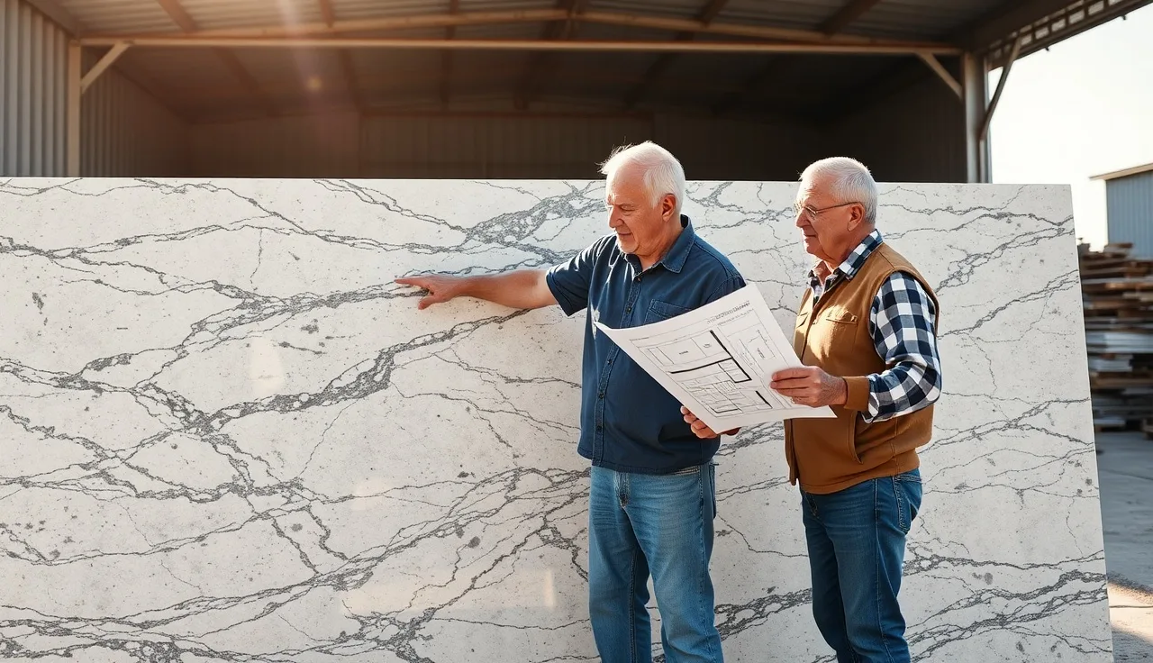 Fabricator and homeowner reviewing a slab layout drawing at a stone yard