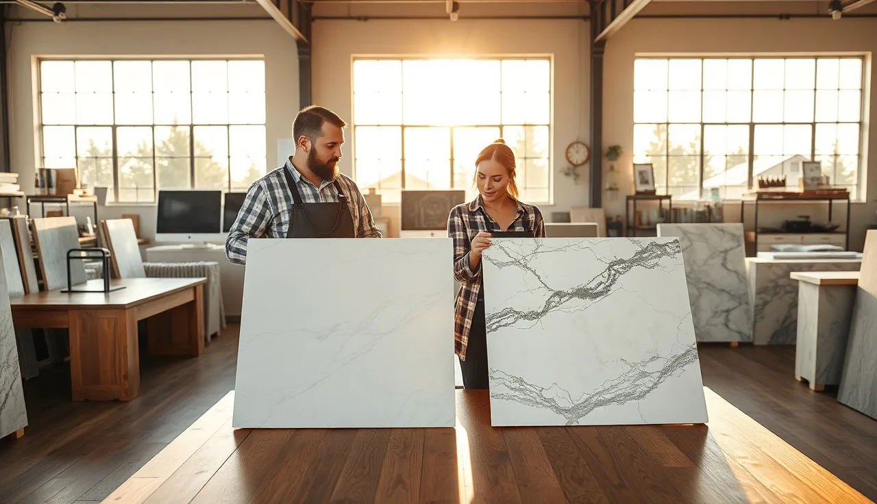 Fabricator and homeowner comparing three countertop material samples in a showroom