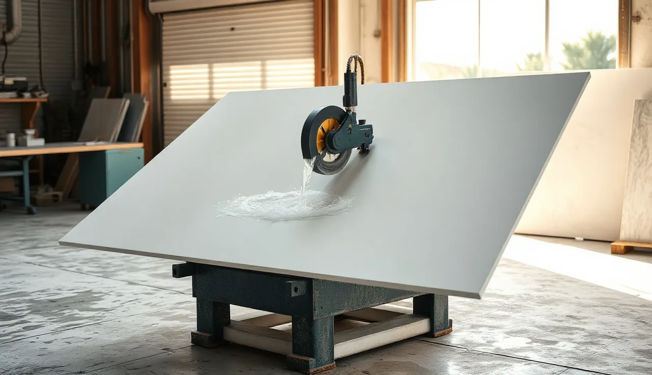 Wet saw blade cutting a large porcelain countertop slab in a fabrication shop