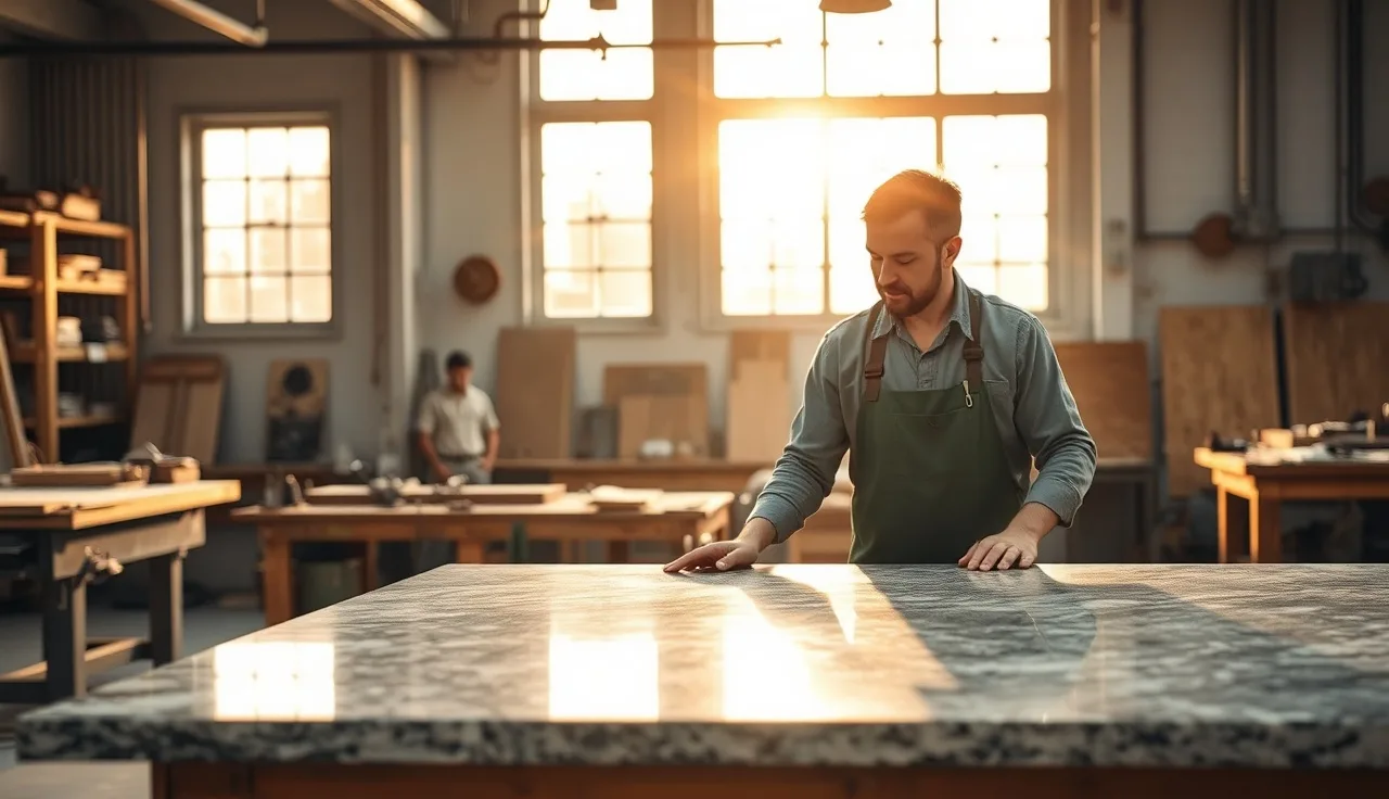 Fabricator inspecting a polished granite countertop slab on a shop workbench before installation
