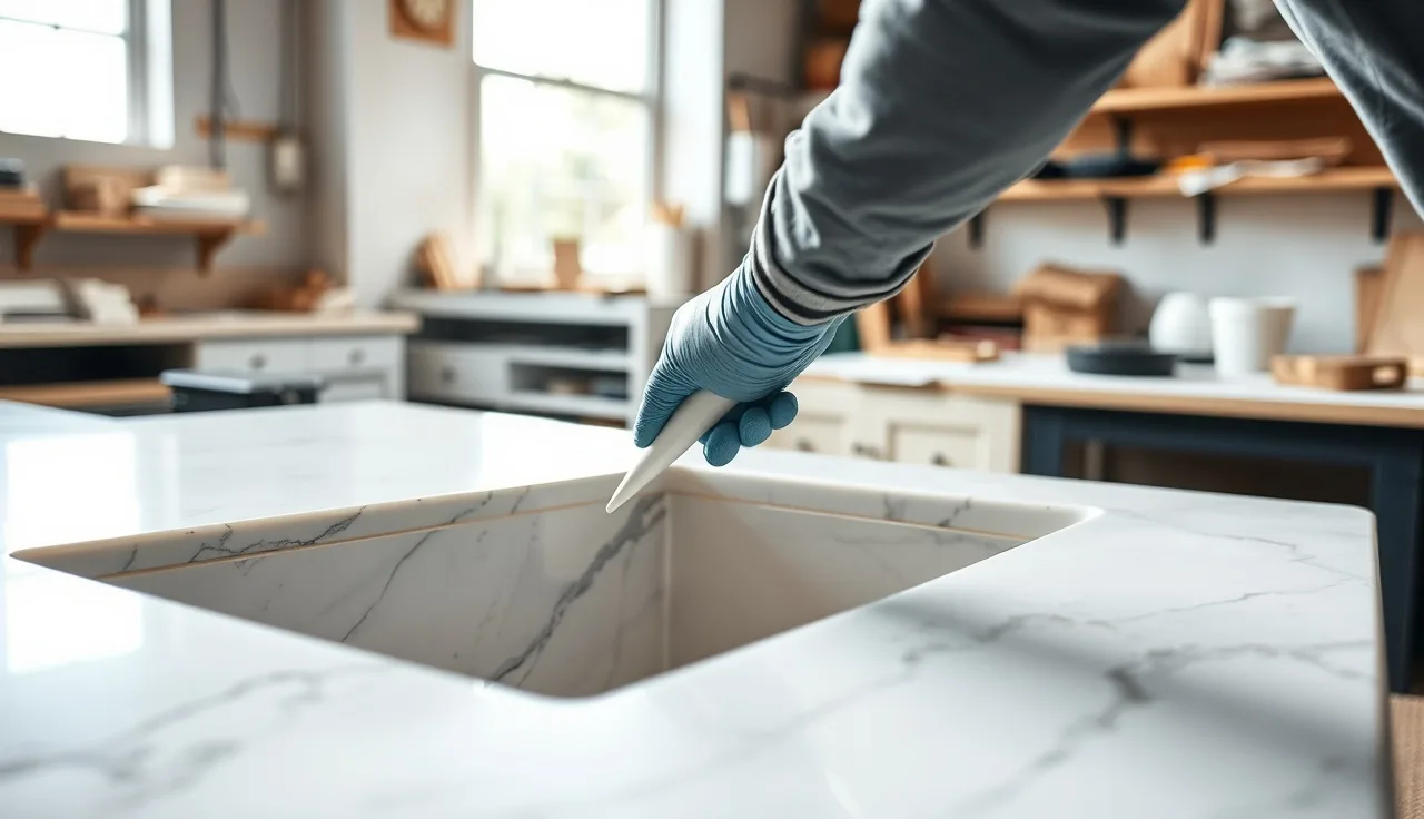 Gloved hand applying silicone bead along white marble sink cutout edge