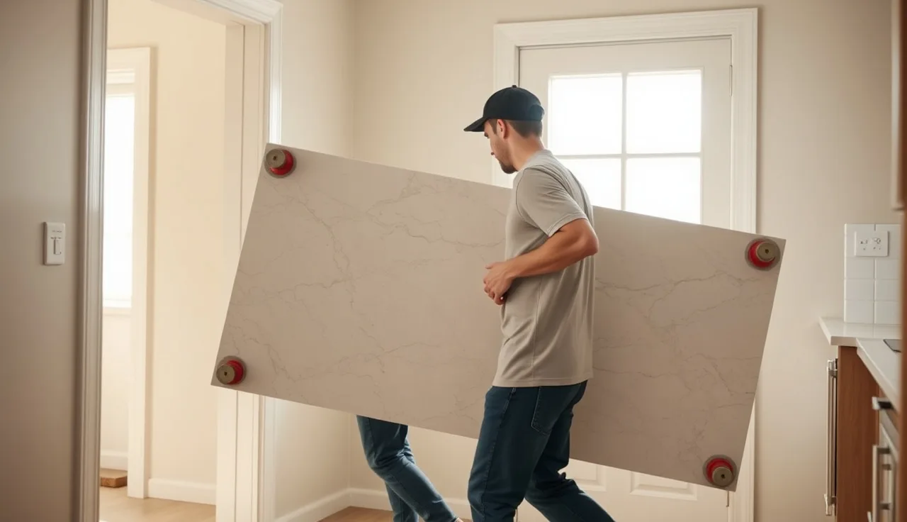 Two workers carrying a stone countertop with suction cup lifters through a doorway