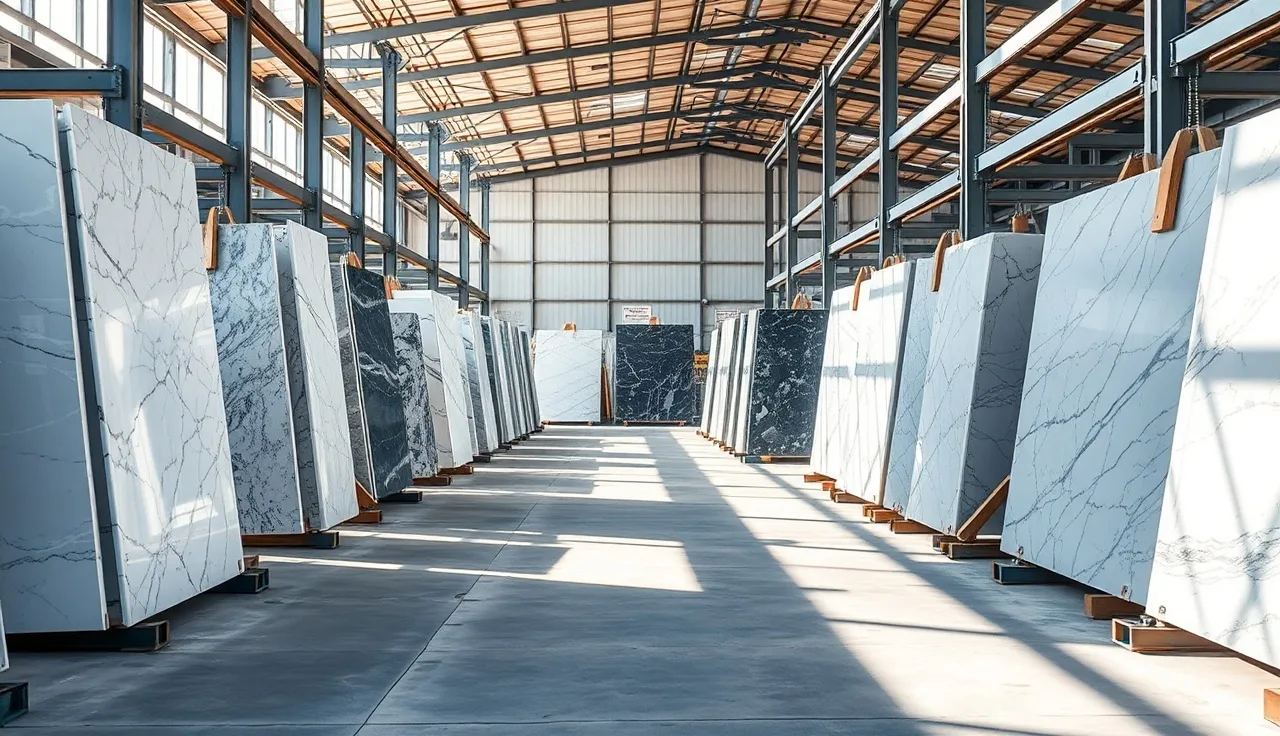 Steel A-frame racks holding large stone slabs upright in a fabrication yard