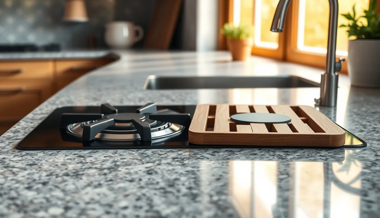 Granite countertop near a gas cooktop cutout with a wooden trivet placed beside it