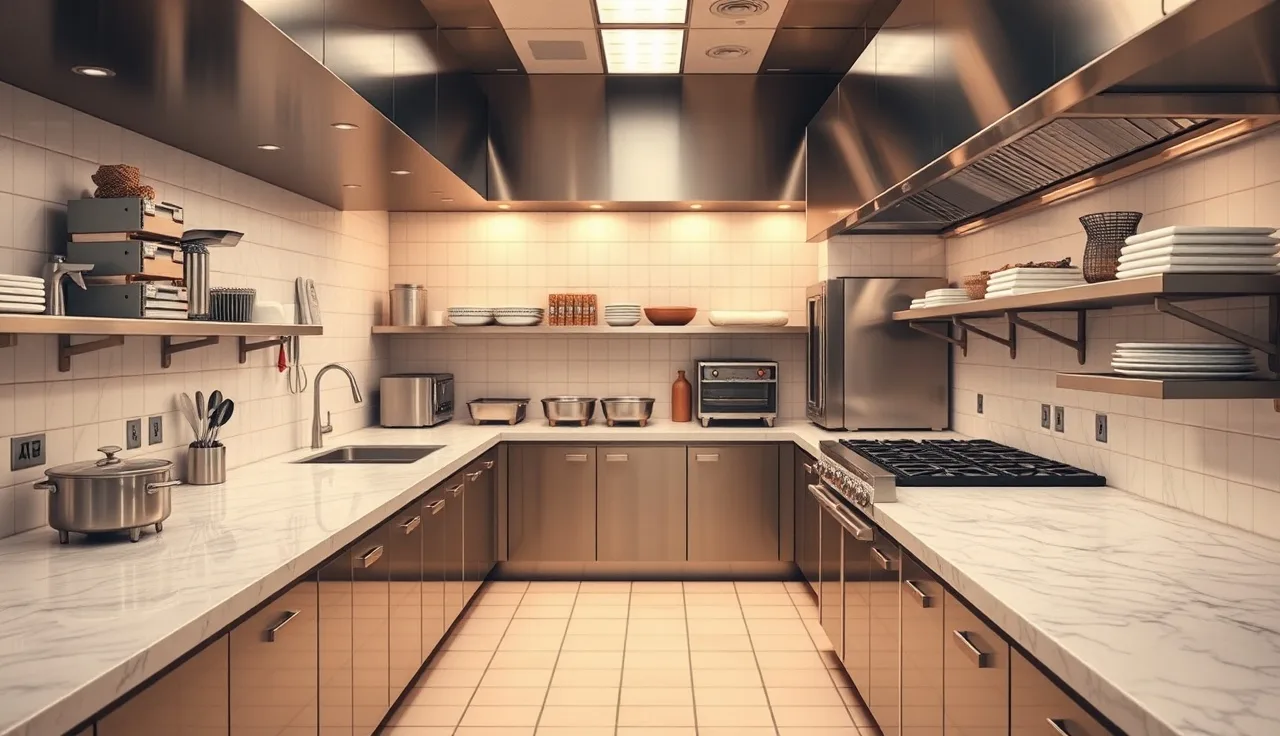 Polished quartz commercial kitchen prep countertop under warm task lighting