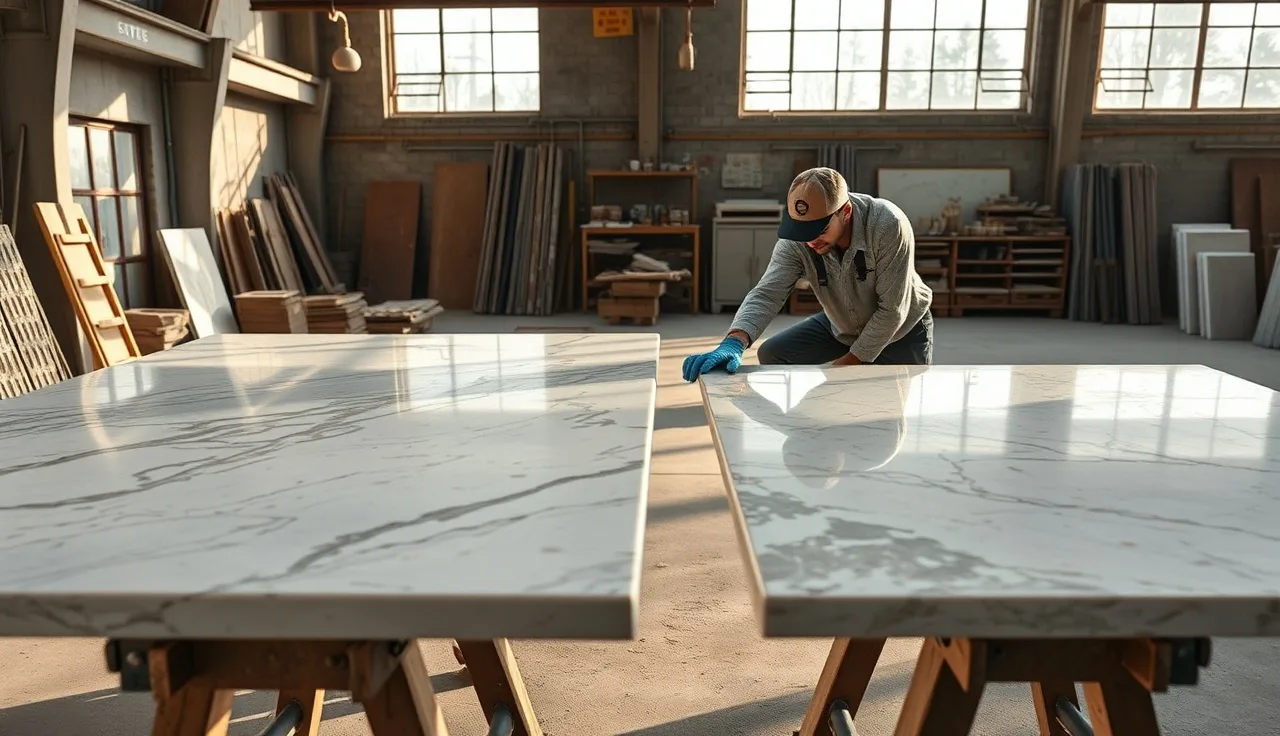 Fabricator comparing vein alignment across two bookmatched marble slabs in a workshop