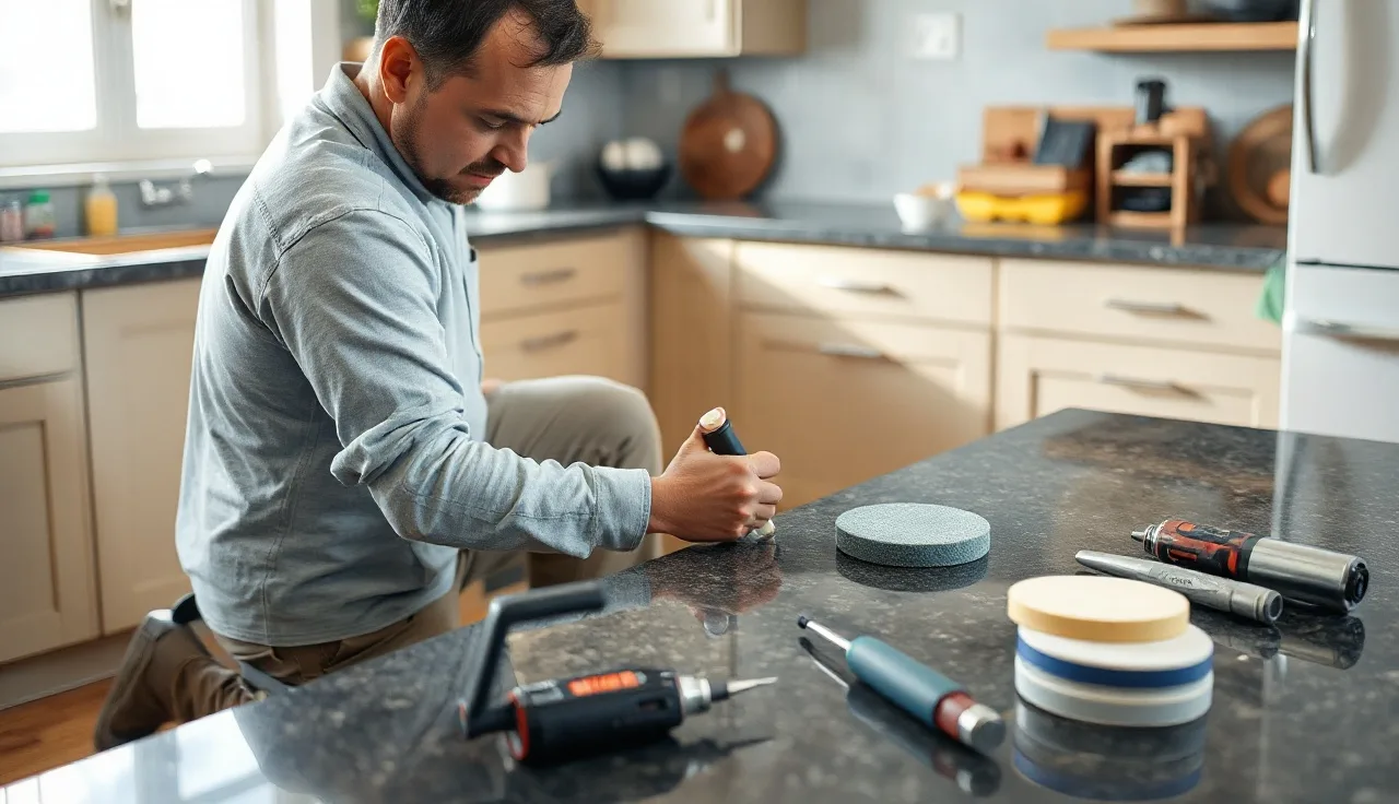 Fabrication technician filling and color-matching a countertop seam in a kitchen