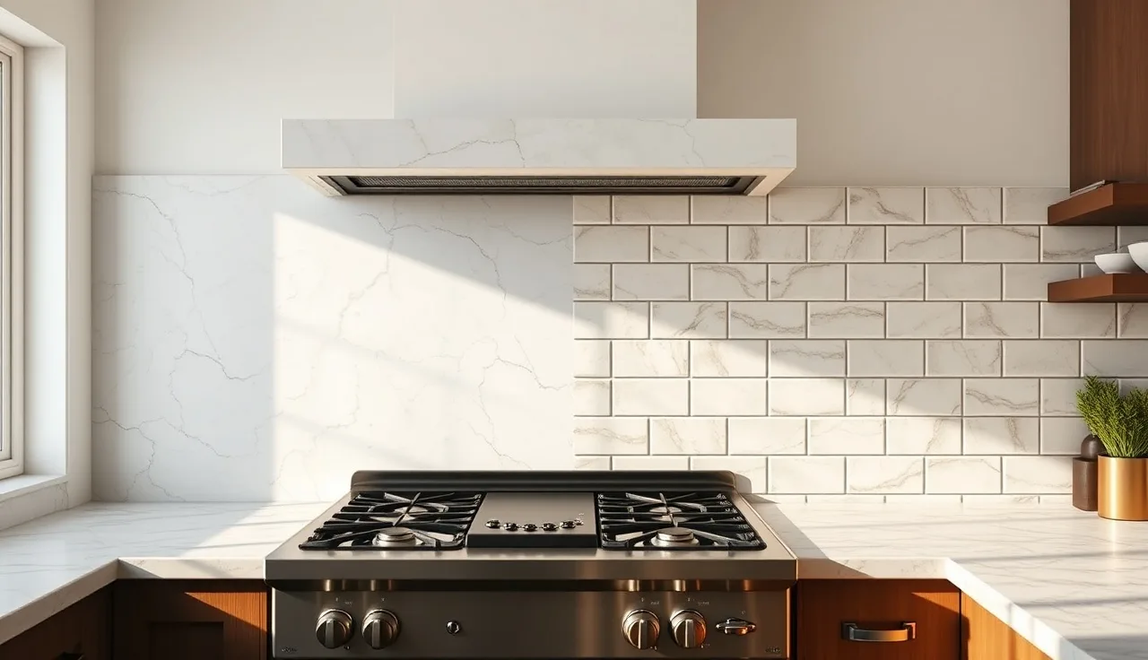 Split kitchen showing stone slab backsplash beside subway tile backsplash behind range