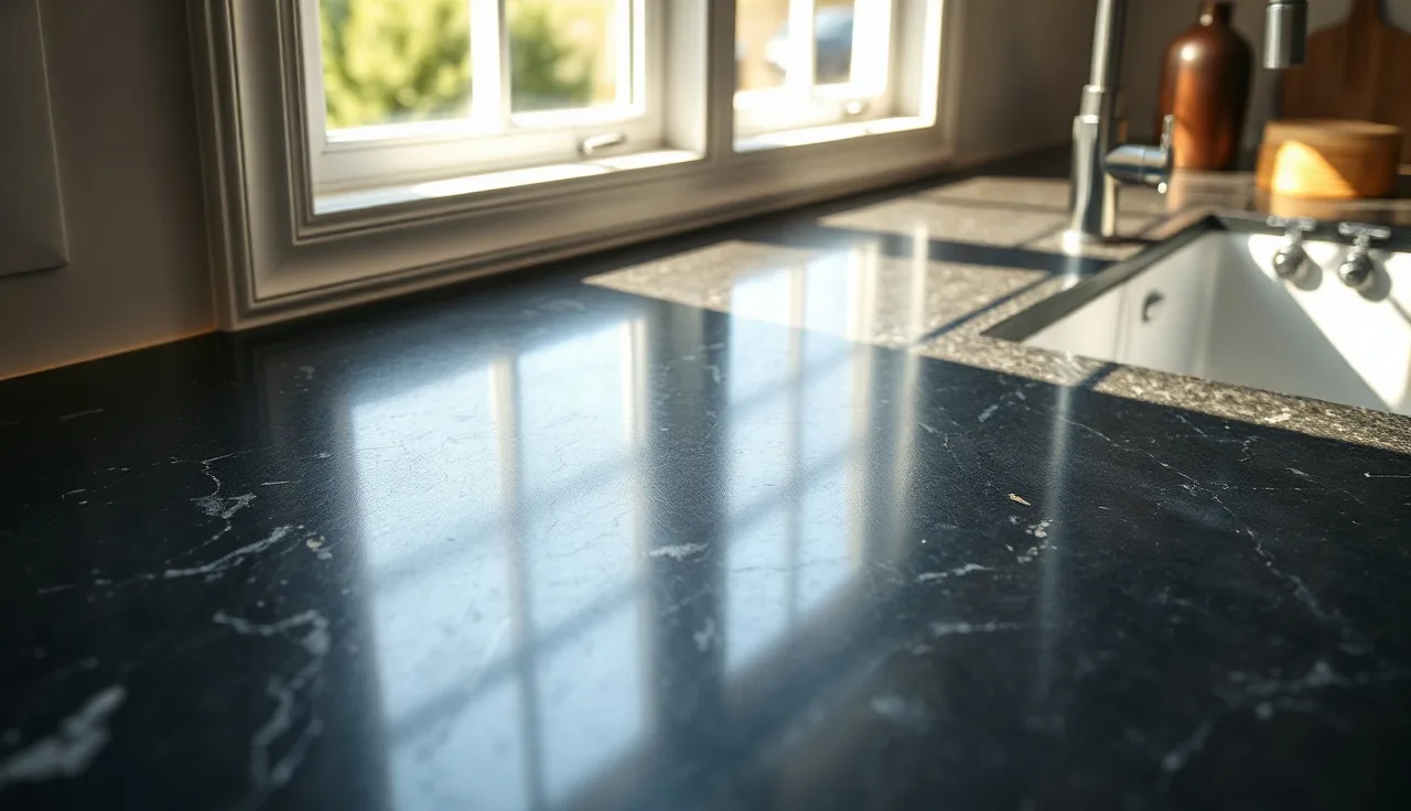 Polished dark granite countertop with carved drainboard grooves beside a farmhouse sink