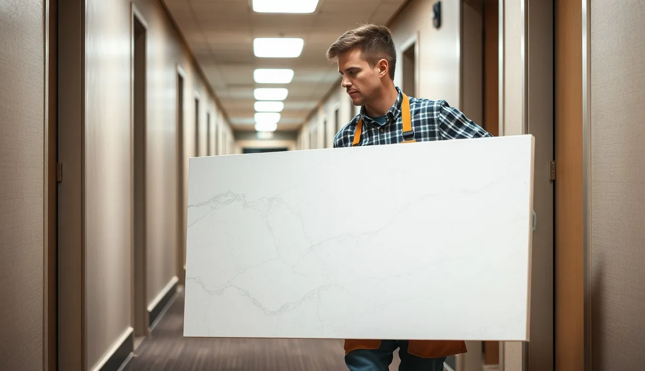 Fabricator carrying quartz countertop slab through apartment building hallway