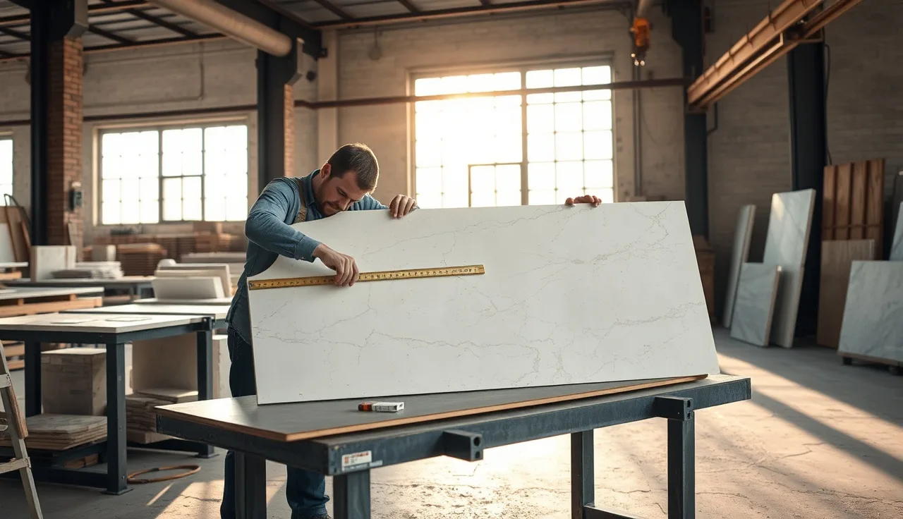 Fabricator measuring a quartzite slab on a worktable in a stone shop