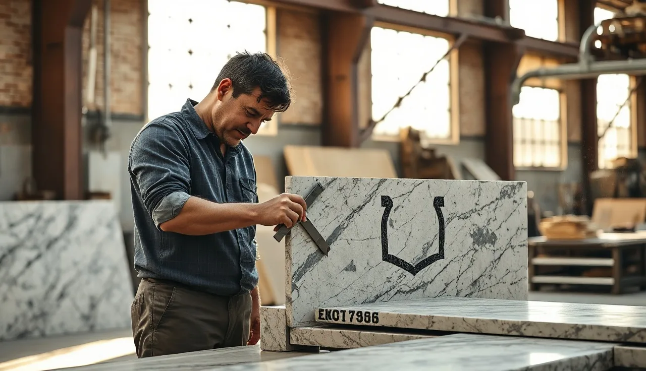 Fabricator checking a diagonal cut angle on a granite slab in a stone shop